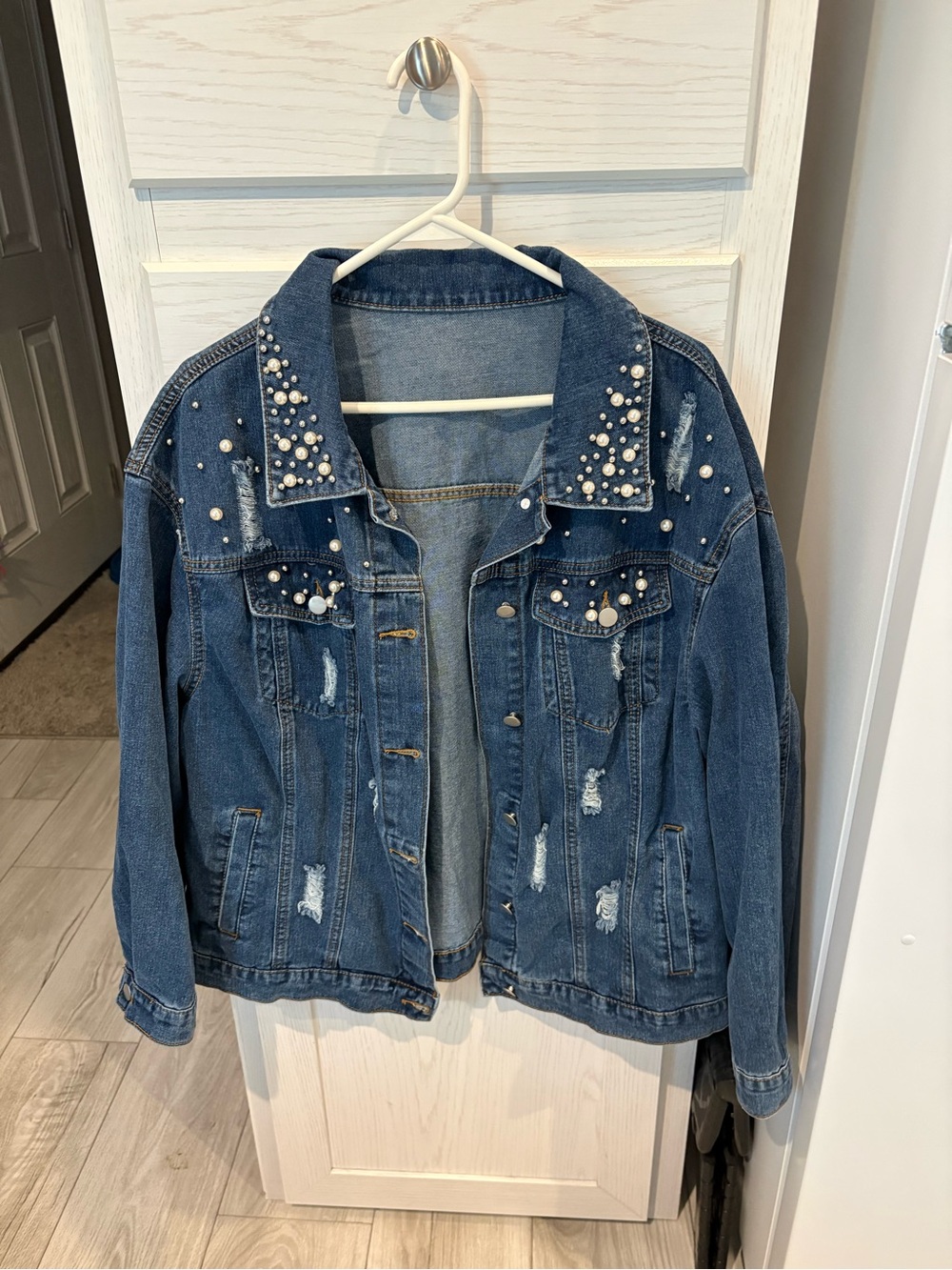 Embellished Blue Denim Jacket with Pearl Details